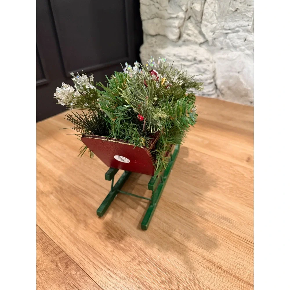 Vintage Christmas Wood Sleigh Centerpiece Red Green Floral Arrangement Decor